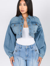Load image into Gallery viewer, Balloon Sleeve Cropped Denim Jacket
