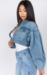 Balloon Sleeve Cropped Denim Jacket - Saras - Secrets