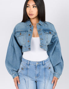 Balloon Sleeve Cropped Denim Jacket - Saras - Secrets