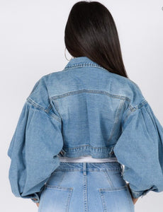 Balloon Sleeve Cropped Denim Jacket - Saras - Secrets